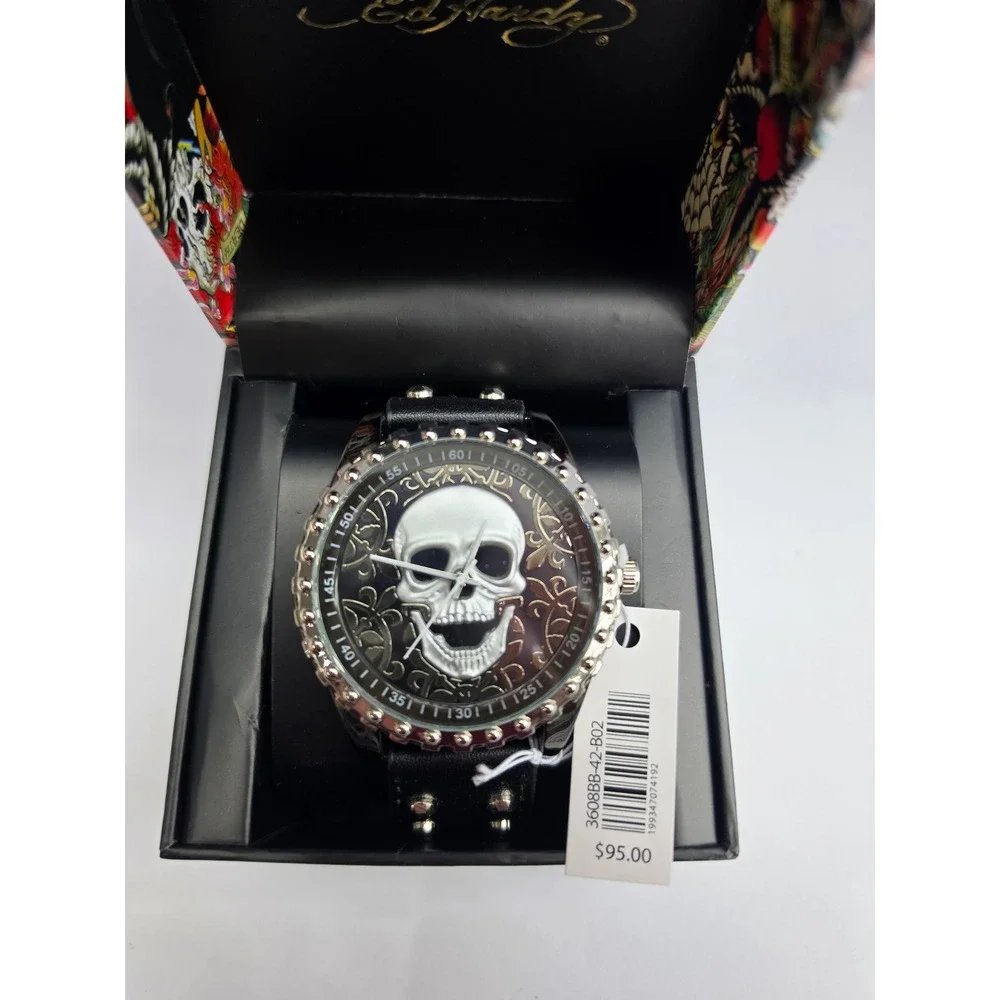 New Ed Hardy Mens Skull Watch Black Leather Studded‎ Cuff Strap